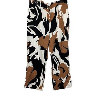 Chicos Abstract Print Straight Leg Pants Womens Black Brown Linen Blend 2.5 / 14